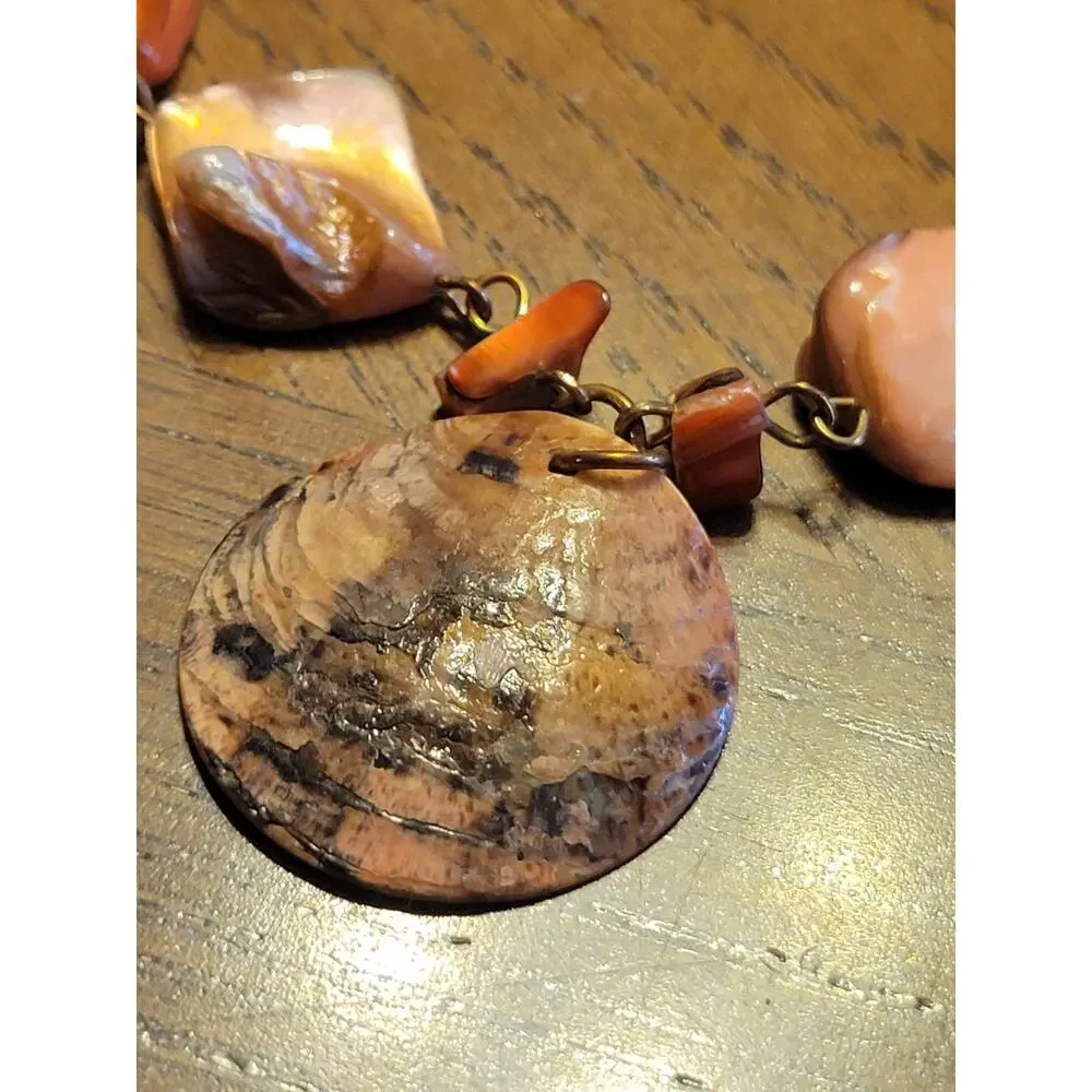 Boho‎ Capiz Shell Necklace Earrings Set Copper Peach Pink Disc Beaded 18